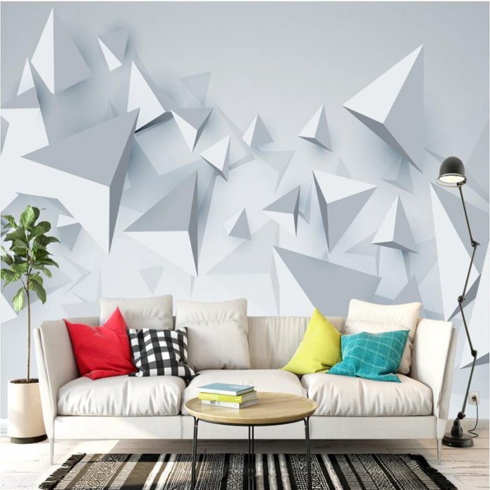 Tapeta 3D z geometrią we wnętrzu salonu