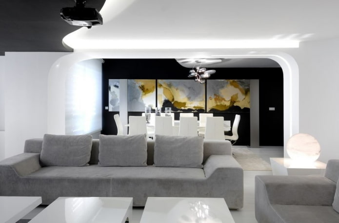 łuk we wnętrzu salonu w stylu high-tech