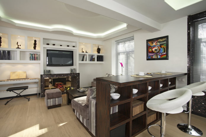 bar w kolorze wenge we wnętrzu salonu