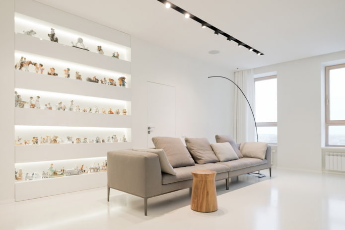 salon w białych tonacjach w stylu minimalizmu