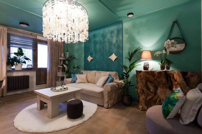 Beżowo-turkusowy salon