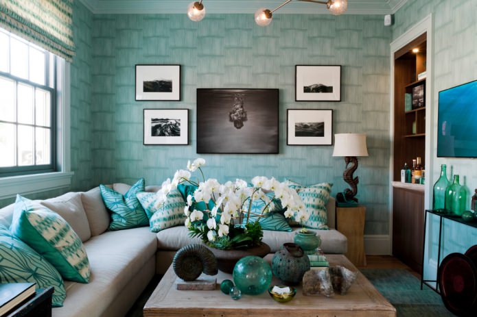 przytulny salon w kolorze Tiffany'ego
