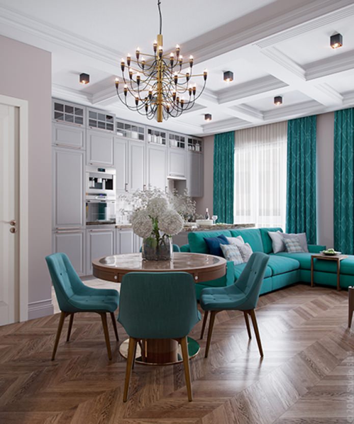 kuchnia-salon w odcieniach beżu i turkusu