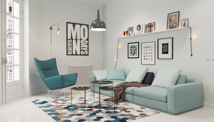 turkusowa sofa w stylu skandynawskim