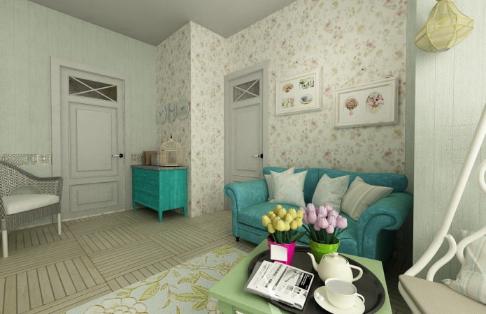 turkusowa sofa w stylu prowansalskim