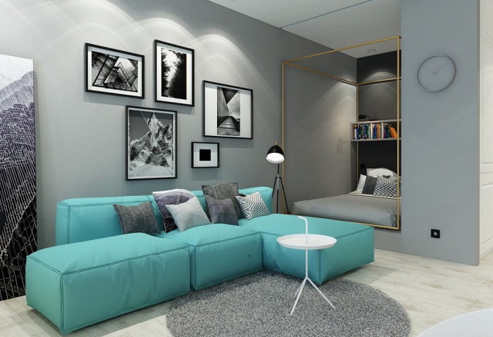 turkusowa modułowa sofa we wnętrzu