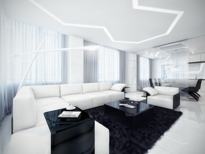 salon w czarno-białych tonacjach w stylu hi-tech