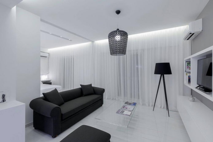 czarno-biały salon - projekt wnętrza