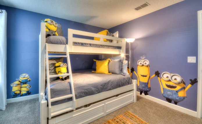 minionki w fioletowym pokoju dziecięcym
