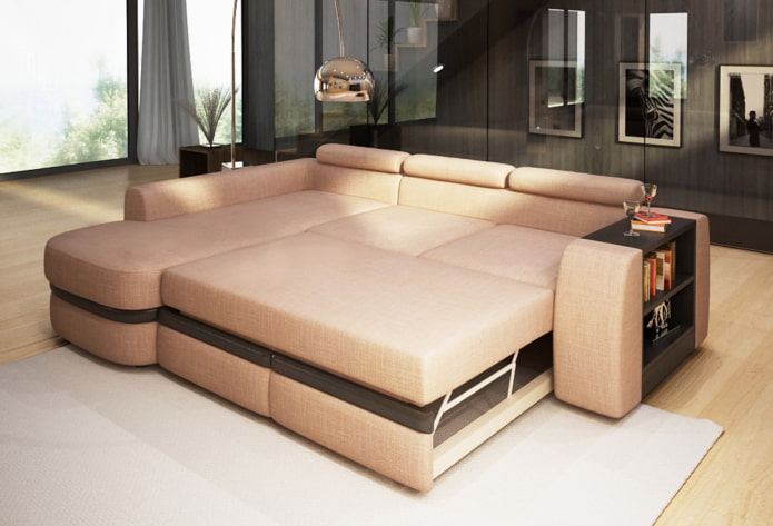 składana sofa z półkami we wnętrzu