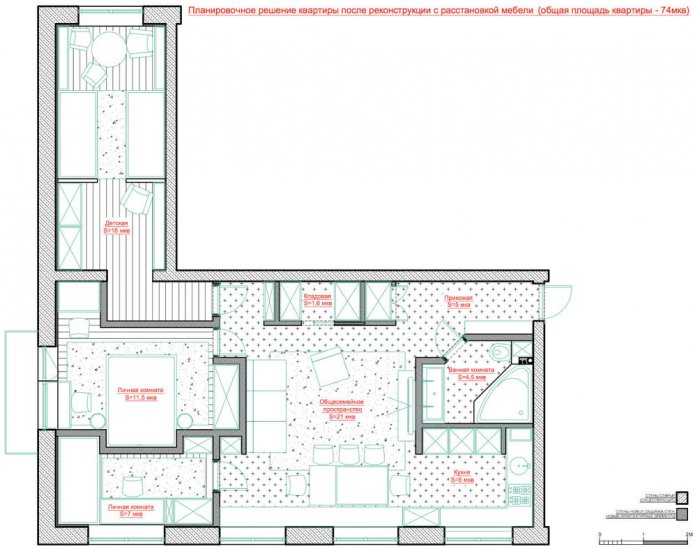 Rozkład mieszkania o powierzchni 72 m2