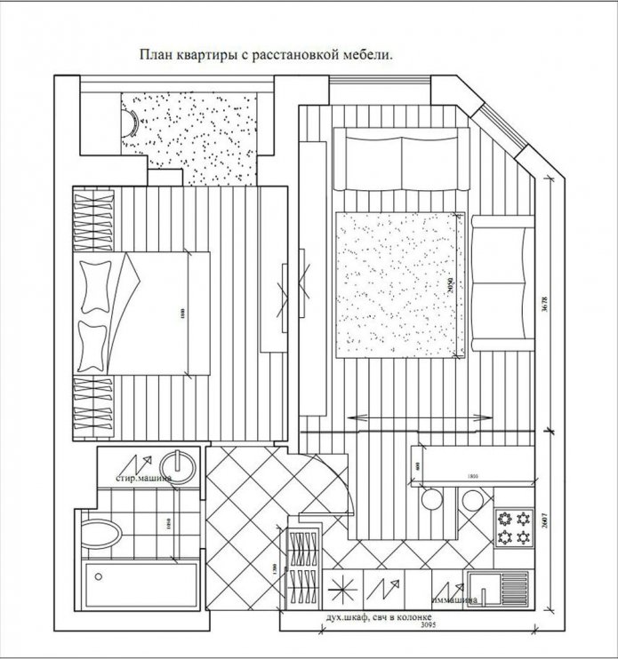 układ dwupokojowego mieszkania o powierzchni 50 m2.