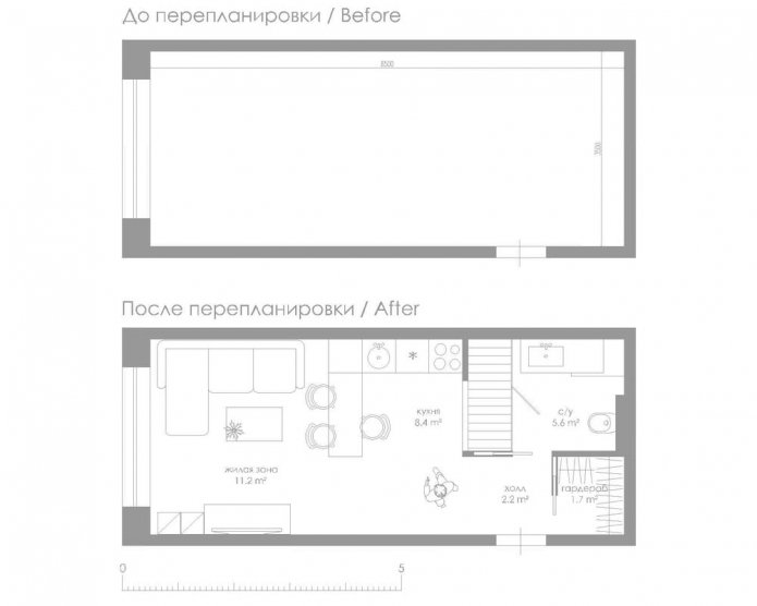 Rozkład studia o powierzchni 29 m2.