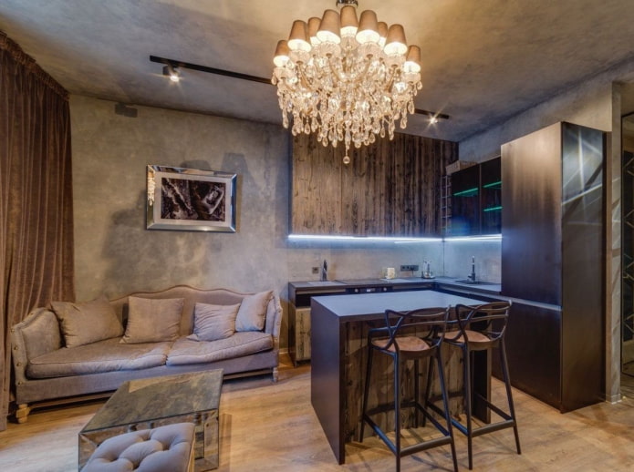 kwadratowa kuchnia-salon o powierzchni 17 mkw.