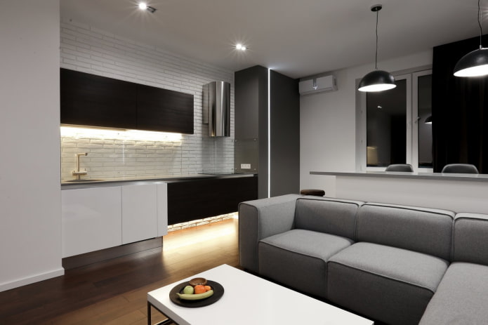 kuchnia-salon 17 metrów kwadratowych w stylu minimalizmu
