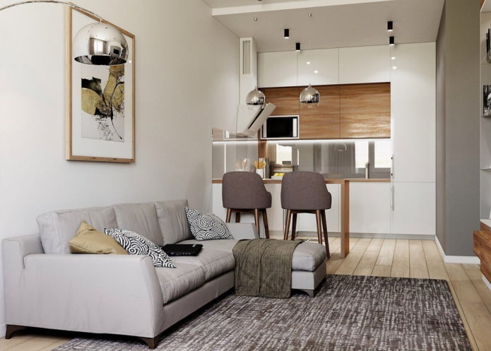 kuchnia-salon 17 metrów kwadratowych w stylu skandynawskim