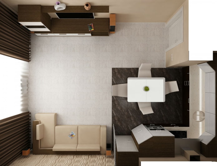 kwadratowa kuchnia-salon o powierzchni 17 m2