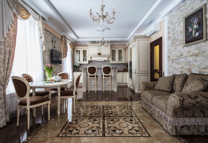 kuchnia-salon w stylu klasycznym