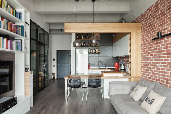 kuchnia-salon w stylu loft