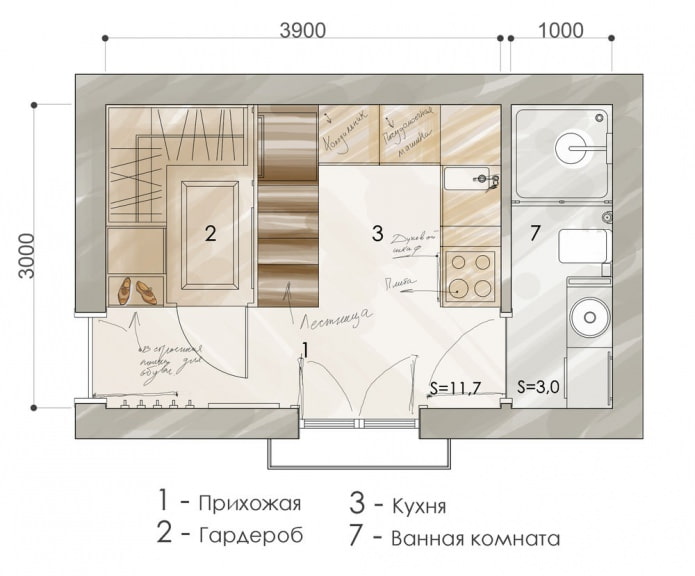 Rozkład mieszkania o powierzchni 15 m2.
