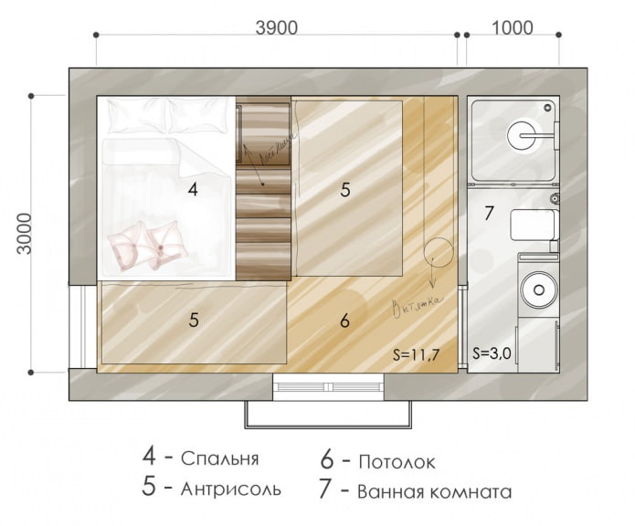 Rozkład mieszkania o powierzchni 15 m2.