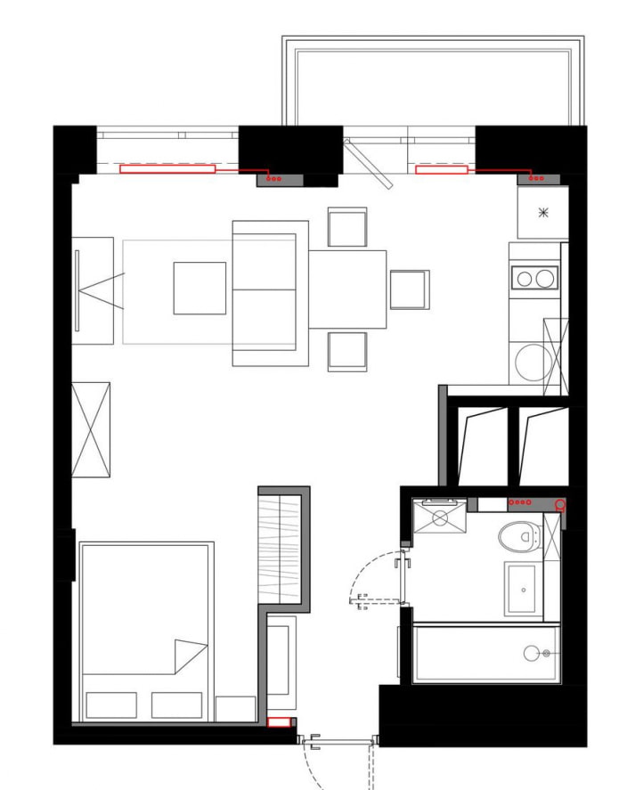 układ studia 29 m kw.