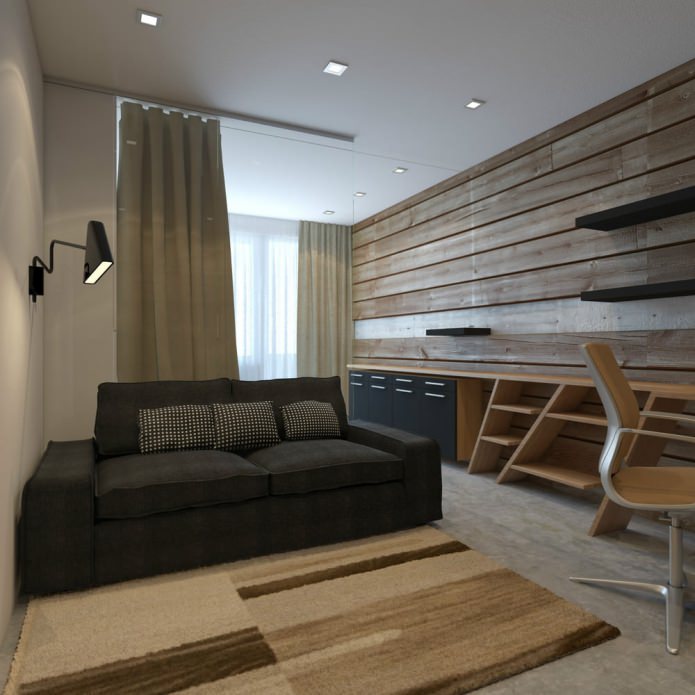 salon w projekcie jednopokojowego mieszkania o powierzchni 33 m2.