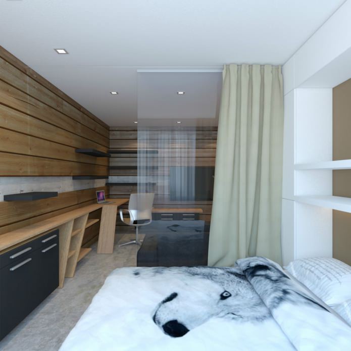 sypialnia w projekcie jednopokojowego mieszkania o powierzchni 33 m2.