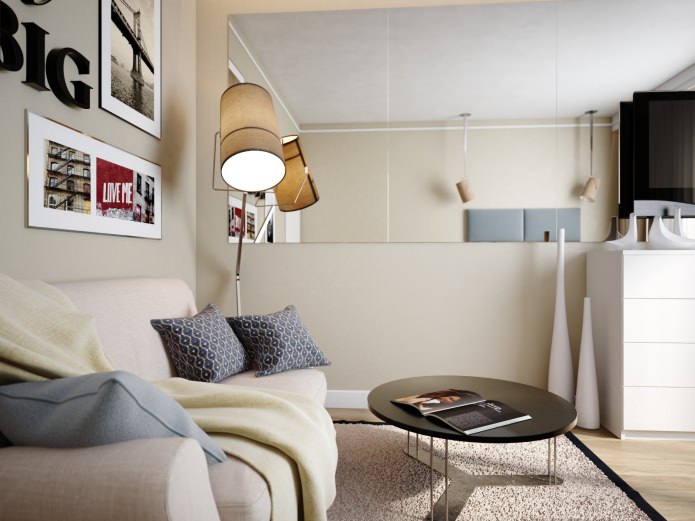 salon-sypialnia w projekcie mieszkania o powierzchni 38 m2.