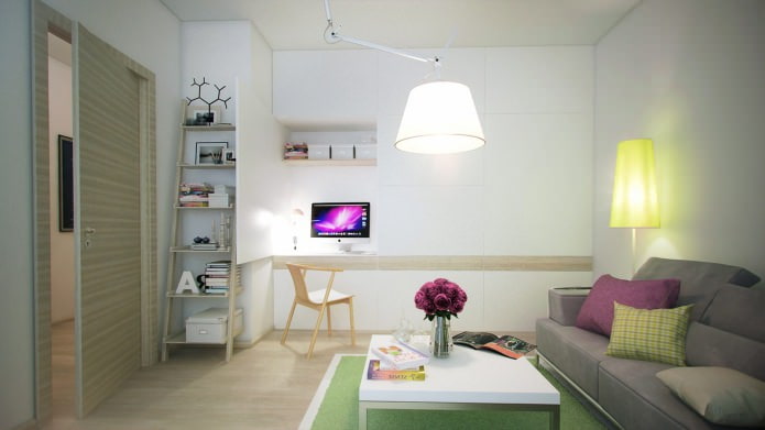 salon w projekcie jednopokojowego mieszkania o powierzchni 40 m2.