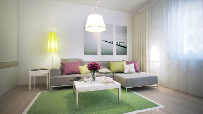 salon w projekcie jednopokojowego mieszkania o powierzchni 40 mkw.