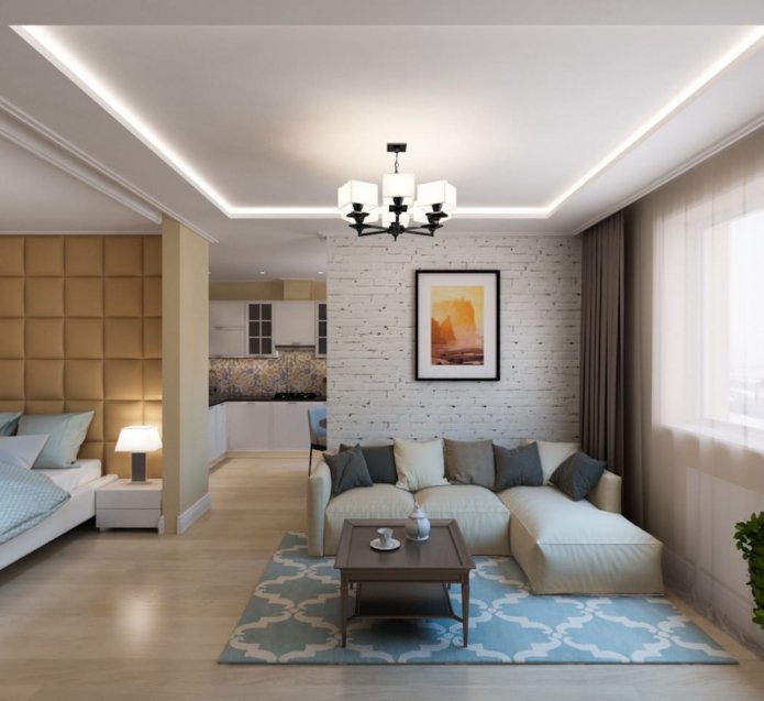 salon-sypialnia w jednopokojowym mieszkaniu o powierzchni 50 m2