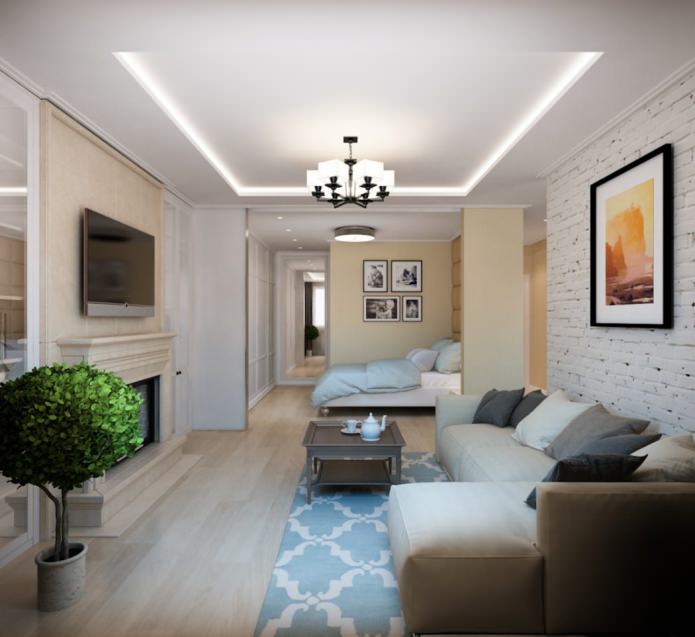 salon-sypialnia w jednopokojowym mieszkaniu o powierzchni 50 m2
