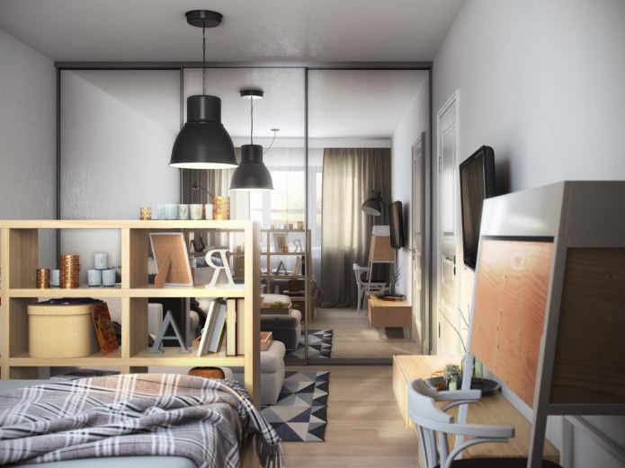 salon-sypialnia w projekcie jednopokojowego mieszkania o powierzchni 36 m2.