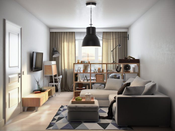 salon-sypialnia w projekcie jednopokojowego mieszkania o powierzchni 36 m2.