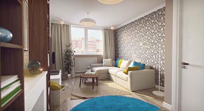 salon w projekcie jednopokojowego mieszkania o powierzchni 43 m2.
