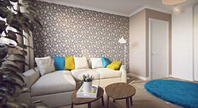 salon w projekcie jednopokojowego mieszkania o powierzchni 43 m2.