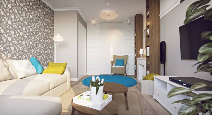 salon w projekcie jednopokojowego mieszkania o powierzchni 43 m2.
