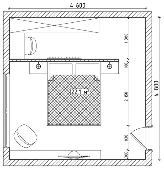 plan sypialni 22 kwadraty