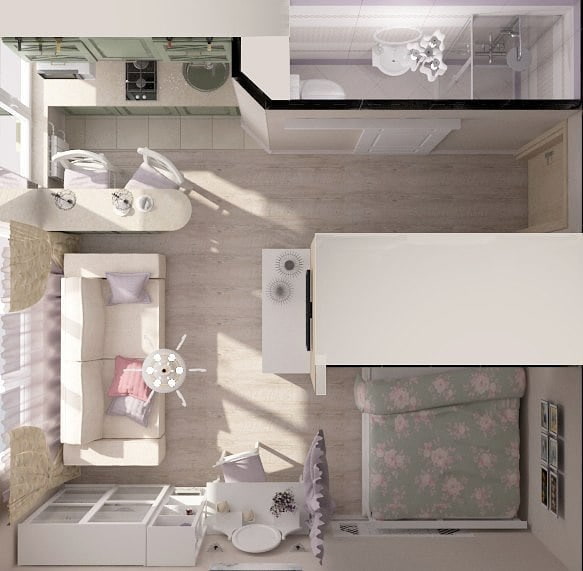 Układy mieszkań typu studio 22 m2