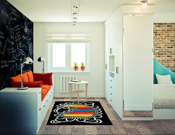 salon w projekcie narożnego jednopokojowego mieszkania o powierzchni 32 m2.