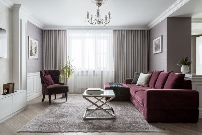 liliowa sofa z pufą