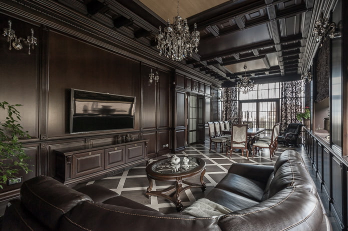 klasyczny salon w ciemnych tonacjach