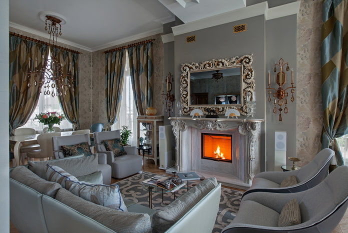 wnętrze szarego salonu w stylu klasycznym