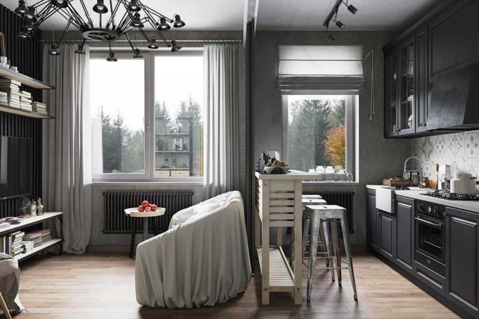 wnętrze szarego salonu w stylu loft