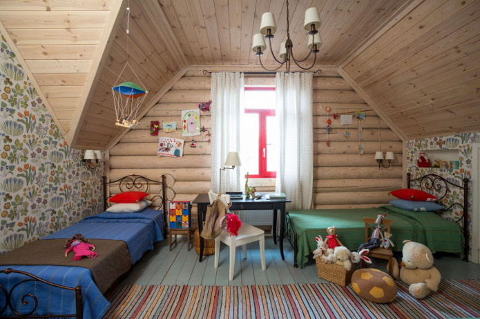 projekt pokoju dziecięcego we wnętrzu domu z bali