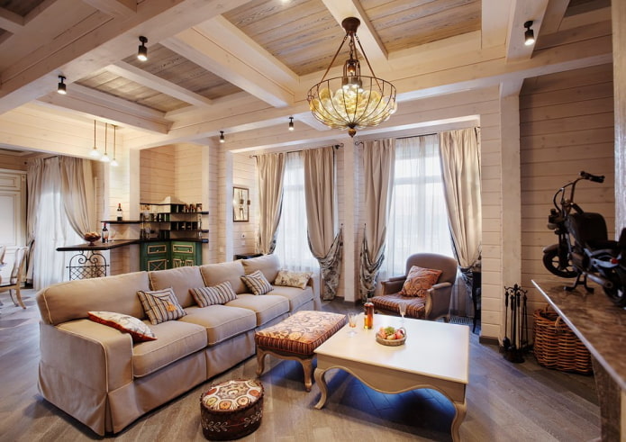 salon w domu z drewna