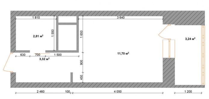 układ studia 18 m kw.