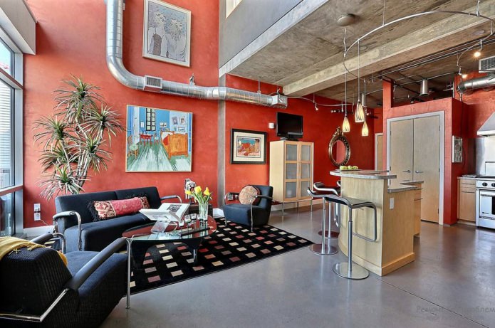 kuchnia-salon w stylu loft