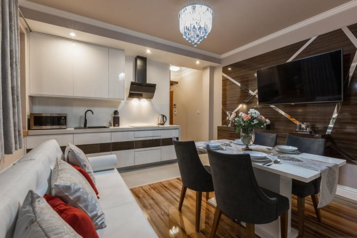 kwadratowa kuchnia-salon o powierzchni 16 m2